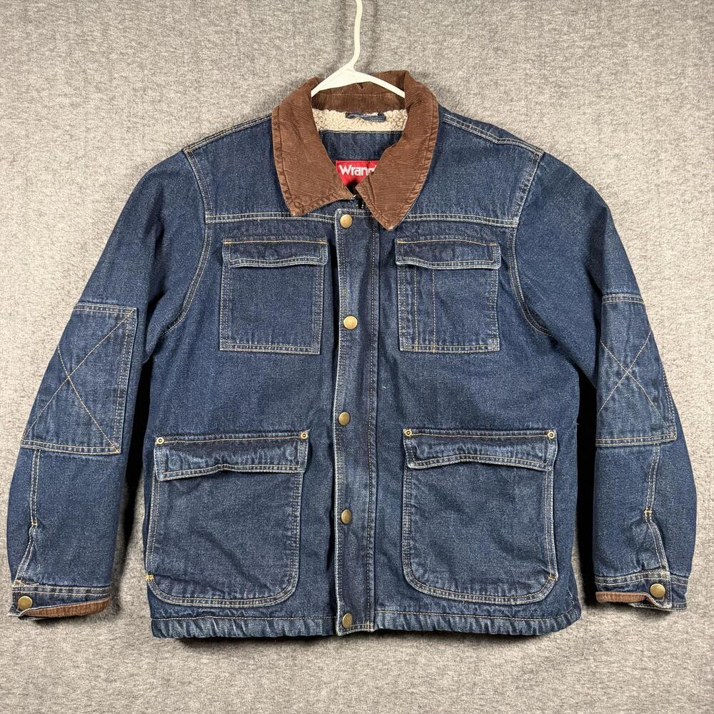 Wrangler Jacket Mens Medium Blue Denim Sherpa Lined Corduroy Collar Workwear